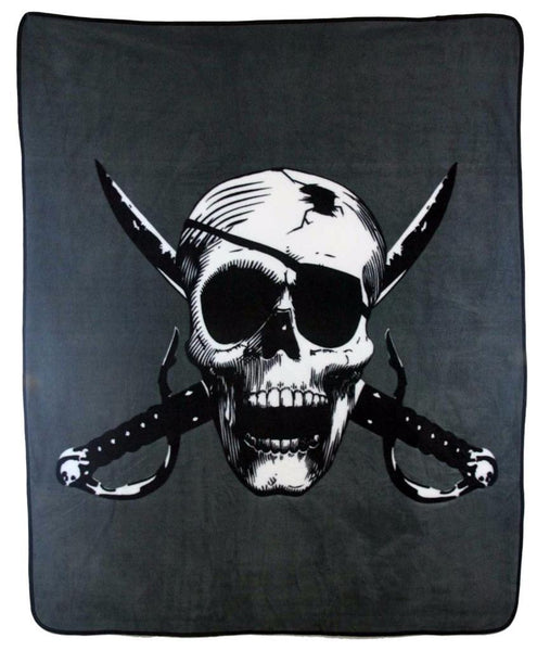 PIRATE SKULL W EYE PATCH & CROSSED SWORDS LARGE (50in X 60in) PLUSH THROW BLANKET