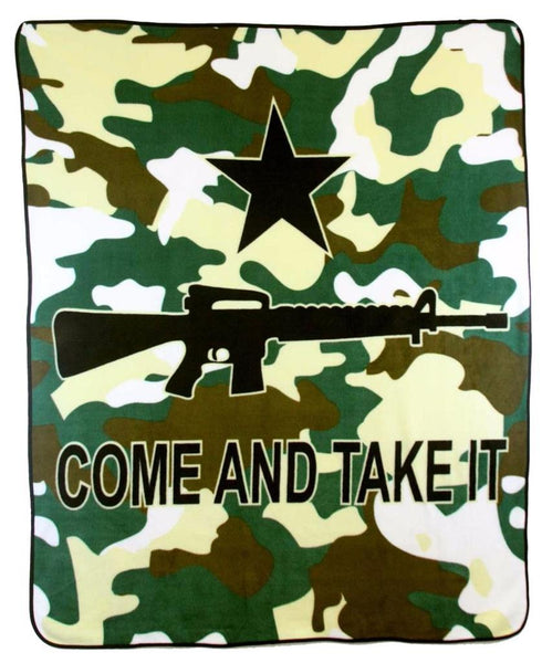 CAMOUFLAGE COME AND TAKE IT RIFLE GUN LARGE (50in X 60in) PLUSH THROW BLANKET
