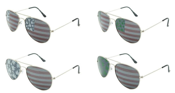 AMERICAN FLAG MARIJUANA POT LEAVES LENS AVIATOR SUNGLASSES