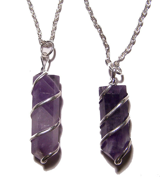 AMETHYST COIL WRAPPED STONE 18 INCH SILVER CHIAN NECKLACE