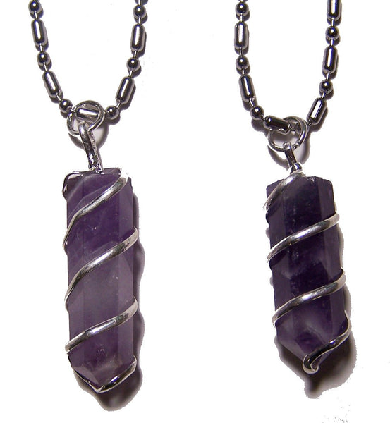 AMETHYST COIL WRAPPED STONE STAINLESS STEEL BALL CHIAN NECKLACE