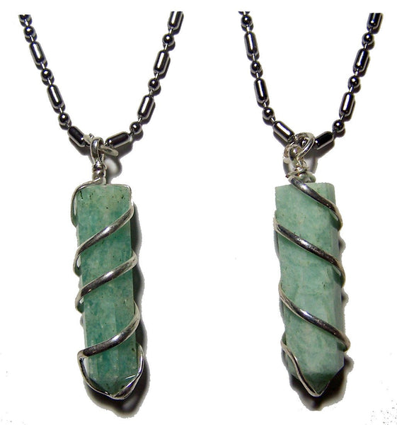 AMAZONITE COIL WRAPPED STONE STAINLESS STEEL BALL CHIAN NECKLACE