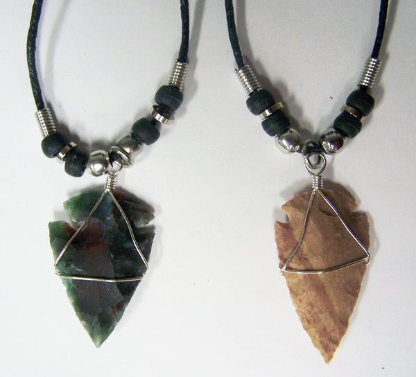 BLACK ROPE & SILVER BEADS NECKLACE WITH WIRE WRAPPED ARROWHEAD PENDANT