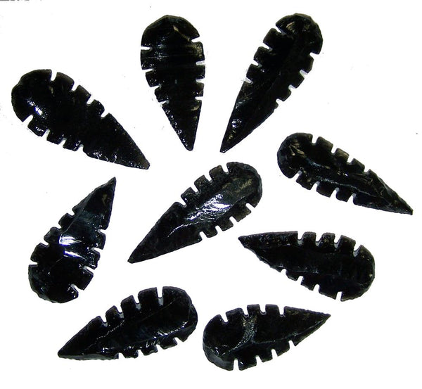 SERRATED BLACK OBSIDIAN STONE LARGE 2 TO 3 INCH ARROWHEADS