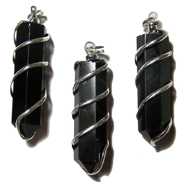 BLACK OBSIDIAN COIL WRAPPED POINT STONE PENDANT