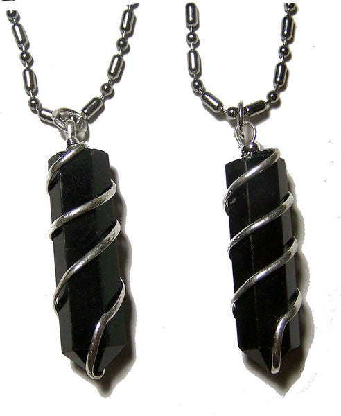 BLACK OBSIDIAN COIL WRAPPED STONE STAINLESS STEEL BALL CHIAN NECKLACE