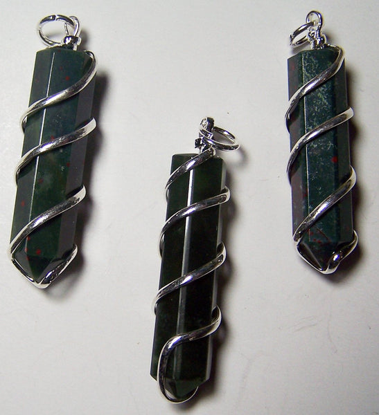 BLOOD STONE COIL WRAPPED POINT STONE PENDANT