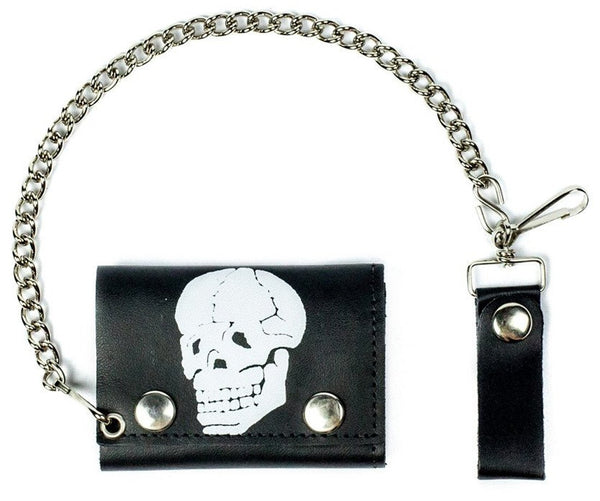 BONE HEAD SKULL TRIFOLD LEATHER WALLETS WITH CHAIN