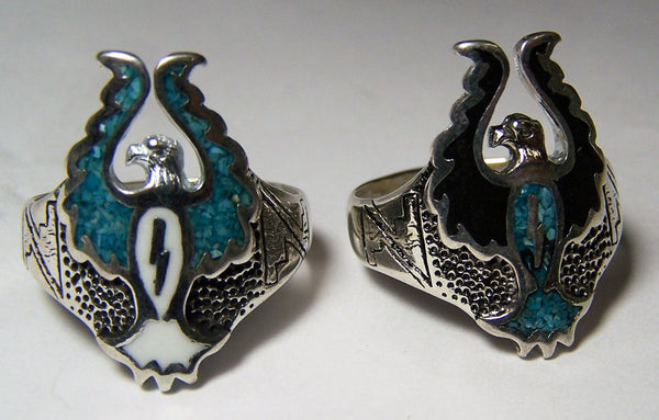 TURQUOISE EAGLE WITH WINGS UP SILVER DELUXE BIKER RING
