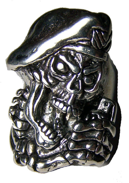 SCREAMING MILITARY SOLDIER SKULL WITH GERNADE DELUXE BIKER RING