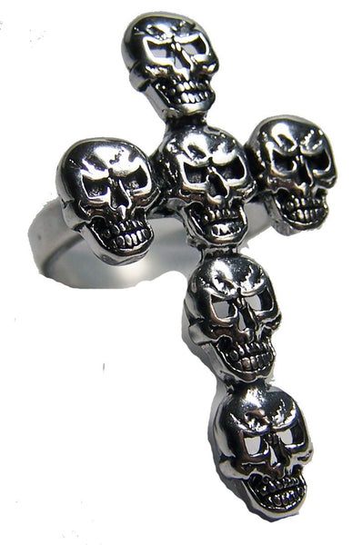 LARGE CROSS SKULL HEADS BIKER RING