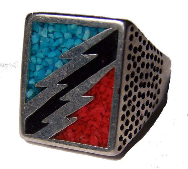 INLAYED NATIVE STYLE LIGHTNING BOLTS SILVER DELUXE BIKER RING