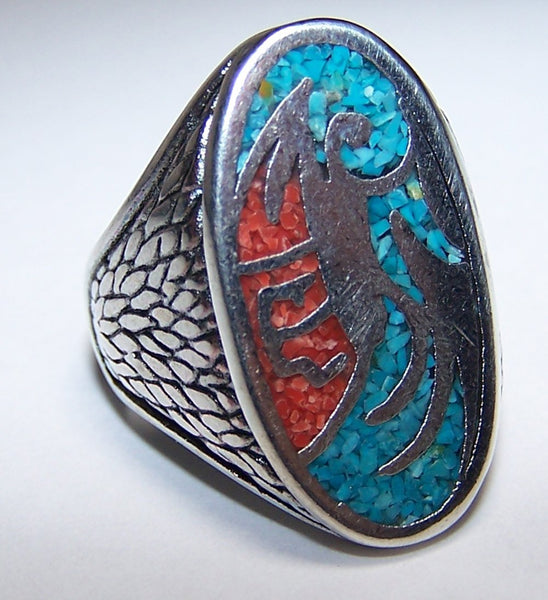 INLAYED NATIVE DRAGON SILVER DELUXE BIKER RING
