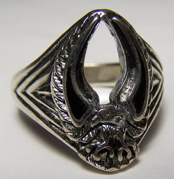 EAGLE W INLAYED WINGS UP SILVER DELUXE BIKER RING