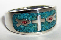 INLAYED CHRISTIAN FISH SYMBOL & CROSS DELUXE BIKER RING