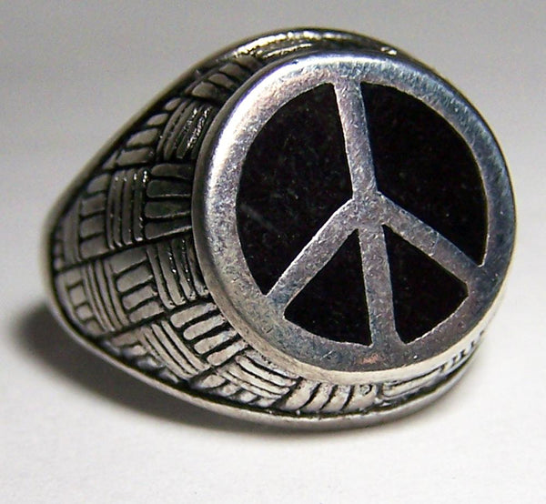 INLAYED BLACK PEACE SIGN SILVER DELUXE BIKER RING