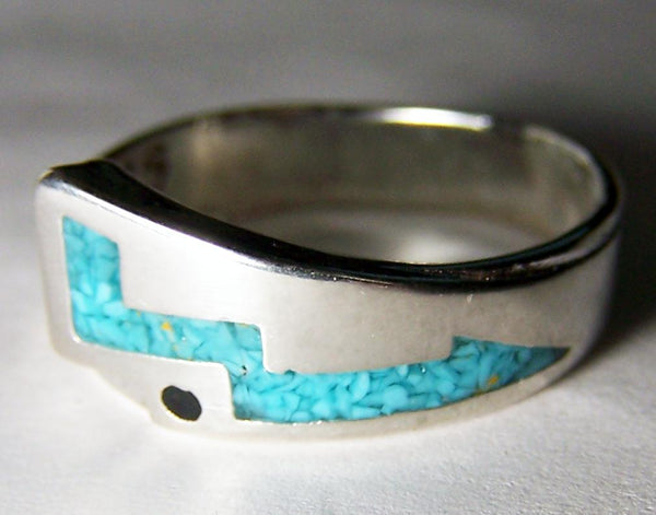 NATIVE TURQUOISE BLUE INLAYED LIGHTNING BOLT SILVER DELUXE BIKER RING