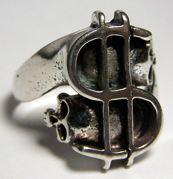 MONEY SIGN WITH SKULL HEADS BIKER RING