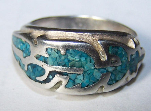 TURQUOISE NATIVE FEATHER DESIGN SILVER DELUXE BIKER RING