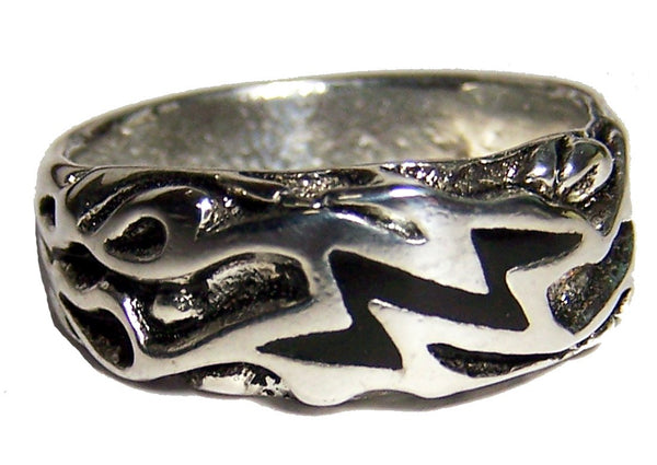 LIGHTNING BOLT FLAMES WEDDING BAND SILVER DELUXE BIKER RING