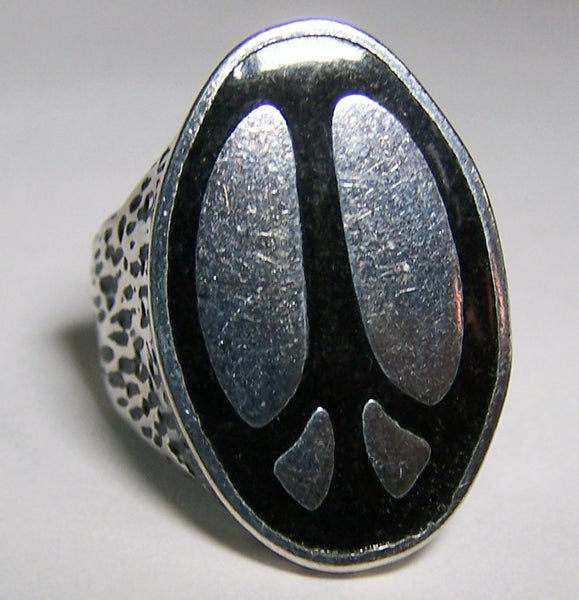 LARGE OVAL INLAYED PEACE SIGN  SILVER DELUXE BIKER RING