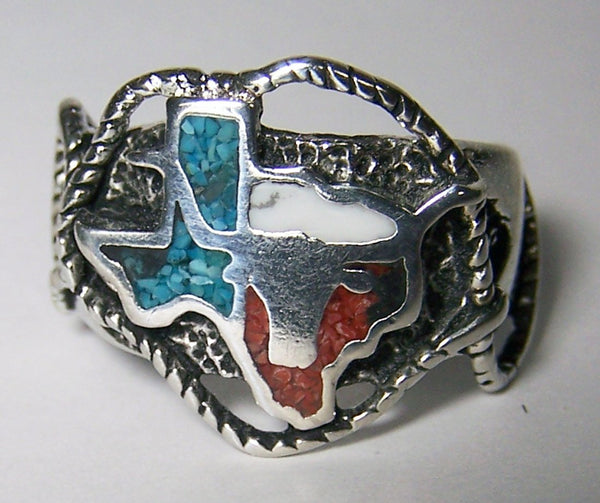 STATE OF TEXAS W LONG HORN BULL SILVER DELUXE BIKER RING