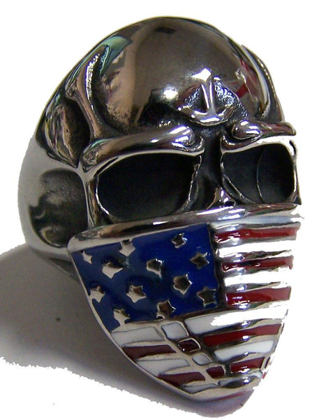 SKULL HEAD AMERICAN FLAG BANDANA STAINLESS STEEL BIKER RING
