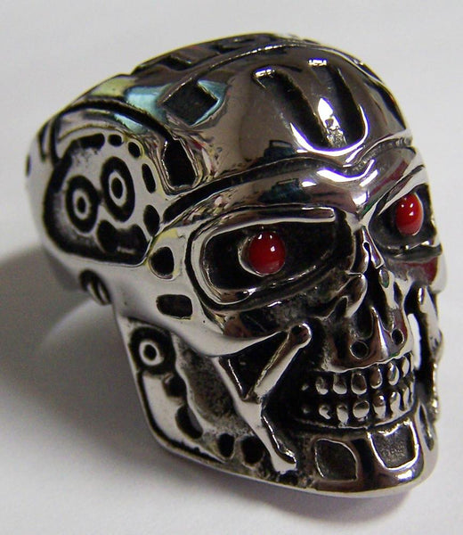 ROBOT HEAD WITH RED EYES STAINLESS STEEL BIKER RING