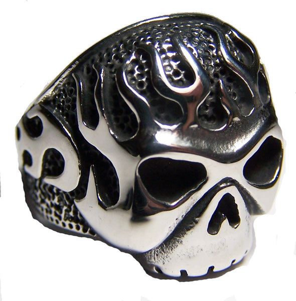FLAMING SKULL HEAD  STAINLESS STEEL BIKER RING