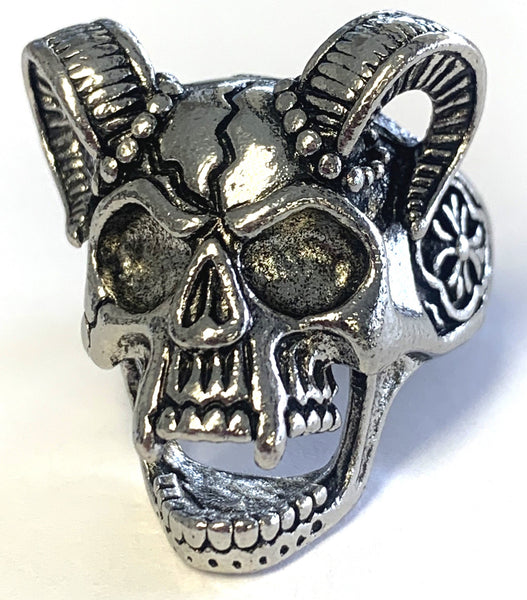 DECORATED SKULL WITH RAM HORNS METAL BIKER RING (SOLD BY THE PIECE)