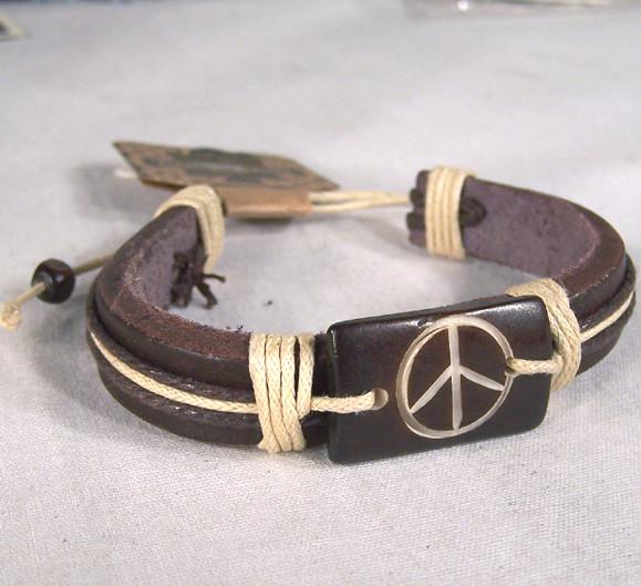 CARVED BONE LEATHER PEACE SIGN BRACELET