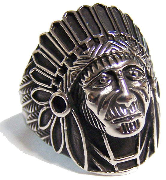 INDIAN CHIEF FACE W BONNET STAINLESS STEEL BIKER RING