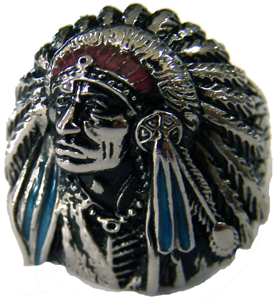 NATIVE STYLE INDIAN CHEIF W BONNET STAINLESS STEEL BIKER RING