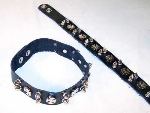 LEATHER IRON CROSS CHOKER NECKLACE WITH SPIKES