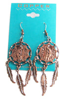 SOLID COPPER KOKOPELLI DANCING INDIAN MAN DREAM CATCHER DANGLE EARINGS