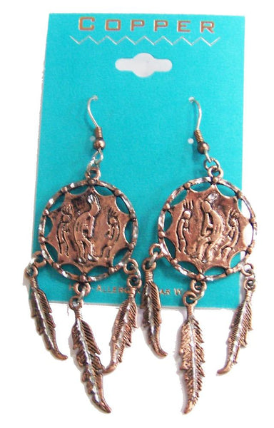 SOLID COPPER KOKOPELLI DANCING INDIAN MAN DREAM CATCHER DANGLE EARINGS