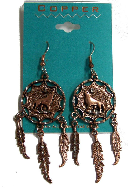 SOLID COPPER HOWLING WOLF DREAM CATCHER DANGLE EARINGS