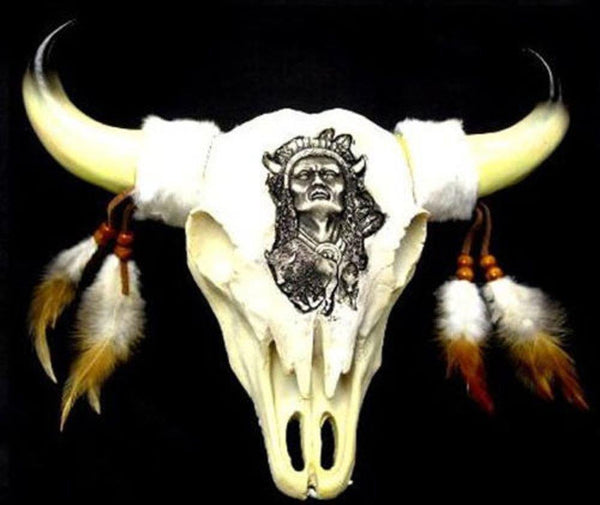 LARGE 12 INCH POLY RESIN COW SKULL WARRIOR CHIEF DESIGN