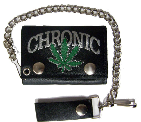 CHRONIC MARIJUANA POT LEAF TRIFOLD LEATHER WALLETS WITH CHAIN