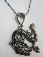 LARGE SILVER CHINESE DRAGON PENDANT ON STAILESS STEEL BALL CHIAN NECKLACE