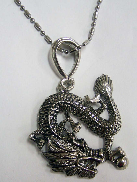 LARGE SILVER CHINESE DRAGON PENDANT ON STAILESS STEEL BALL CHIAN NECKLACE