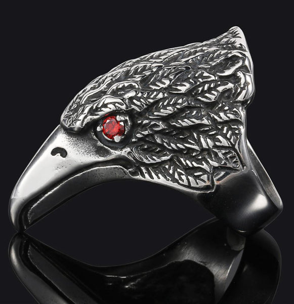EAGLE HEAD W RED CRYSTAL EYES  STAINLESS STEEL BIKER RING