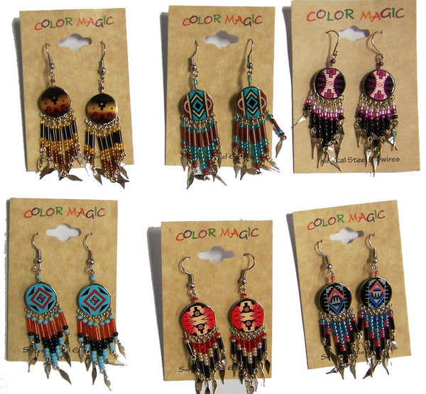ROUND SHAPED NATIVE STYLE SEED BEAD DANGLE EARINGS