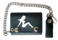 EMBROIDERED MUD FLAP TRUCKER GIRL TRIFOLD LEATHER WALLET WITH CHAIN