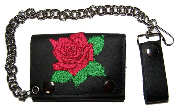 EMBROIDERED RED ROSE TRIFOLD LEATHER WALLET WITH CHAIN