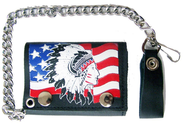 AMERICAN FLAG INDIAN CHIEF TRIFOLD LEATHER WALLET WITH CHAIN