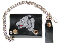 EMBROIDERED LONE WOLF TRIFOLD LEATHER WALLET WITH CHAIN