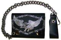 FLYING EAGLE W BIKE CHAIN TRIFOLD LEATHER WALLETS WITH CHAIN