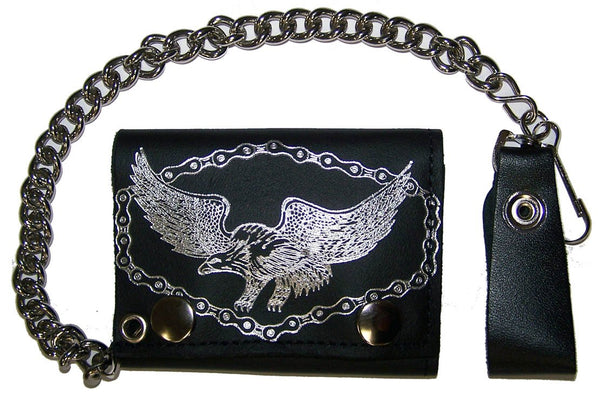 FLYING EAGLE W BIKE CHAIN TRIFOLD LEATHER WALLETS WITH CHAIN