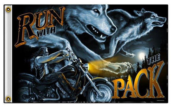 RUN WITH THE PACK WOLF MOTORCYCLE BIKER (3ft X 5ft) DELUXE BIKER FLAG